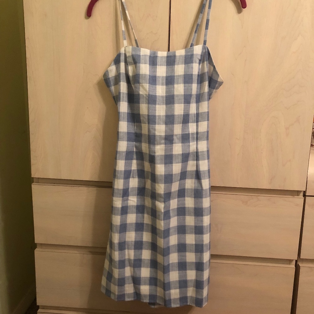 New Aqua Blue Colored Gingham Open Tie Back Dress w/ Back Zipper